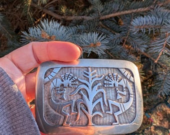 Vintage Hopi Silver Overlay Belt Buckle Sherman Gashweseoma | Sterling Silver Kokopelli & Corn Stalk | Signed SG | Native American Jewelry