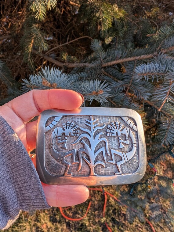 Vintage Hopi Silver Overlay Belt Buckle Sherman Gashweseoma | Sterling Silver Kokopelli & Corn Stalk | Signed SG | Native American Jewelry