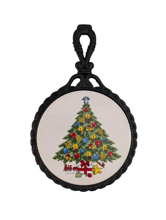 Vintage Action Christmas Trivet, Cast Iron and Ceramic Tile ,Retro Holiday Kitchen, Wall Hanging