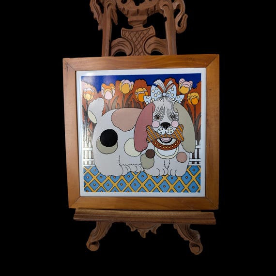 Vintage Gailstyn-Sutton Framed Ceramic Tile – Whimsical Dog & Tulips Pop Art – 1970s Retro Wall Decor