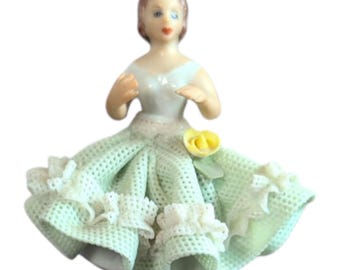 Vintage Dresden Woman Lady Lace Flowers Green White Dress Mini Figurine Germany