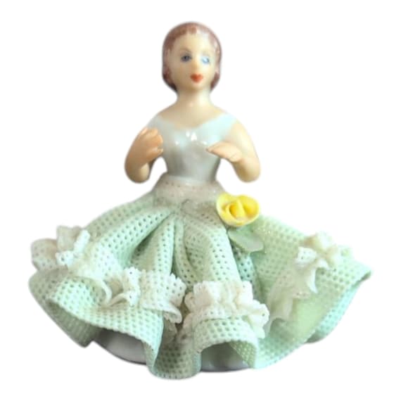 Vintage Dresden Woman Lady Lace Flowers Green White Dress Mini Figurine Germany