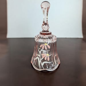 Fenton Art Glass Bell Hand Painted Pink Glass Artist Signed Floral Gift 6 1/2&quot;