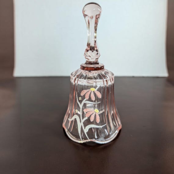 Vintage Fenton Pink Glass Bell - Hand Painted Floral Design - Ribbed Art Glass Collectible - Artist Signed - 1980s Home Decor