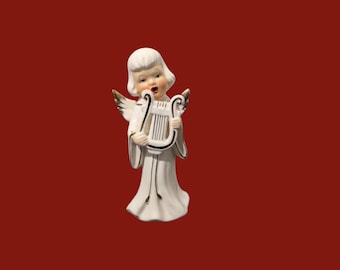1950s Angel Figurine Playing Harp | Mid Century Modern Singing Angel White & Gold Ceramic