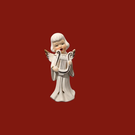 1950s Angel Figurine Playing Harp | Mid Century Modern Singing Angel White & Gold Ceramic