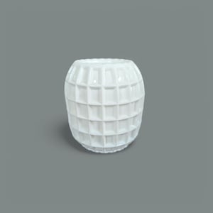 May include: White ceramic vase with a grid pattern. The vase is round and has a smooth, glossy finish.