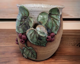 Vintage Old Patagonia Pottery Vase, Marty Frolick 1998, Hand-Sculpted Berry & Leaf Studio Pottery,Hand Sculpted Relief