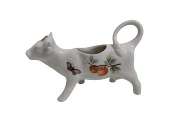 Vintage Andrea by Sadek Porcelain Cow Creamer – Hand-Painted Butterfly & Fruit Design #8275 – Japanese Fine China Figurine – Kitchen Decor