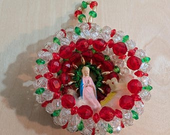 Vintage Beaded Diorama Ornament: Mary and Baby Jesus Christmas Decoration