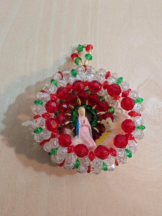 Vintage Beaded Diorama Ornament: Mary and Baby Jesus Christmas Decoration