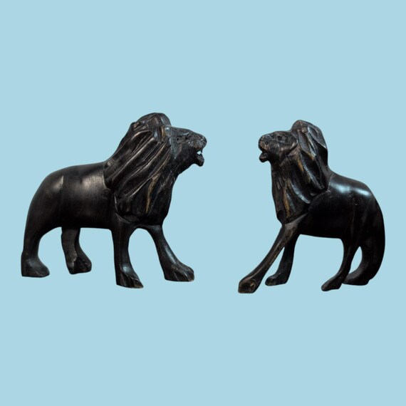 Vintage Carved Ebony Wood Lion Statues, African Decor, Set of 2