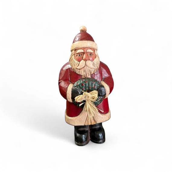 Hand Carved Wood Primitive Santa with Wreath- Artist Signed Folk Art - Rustic Father Christmas Figure