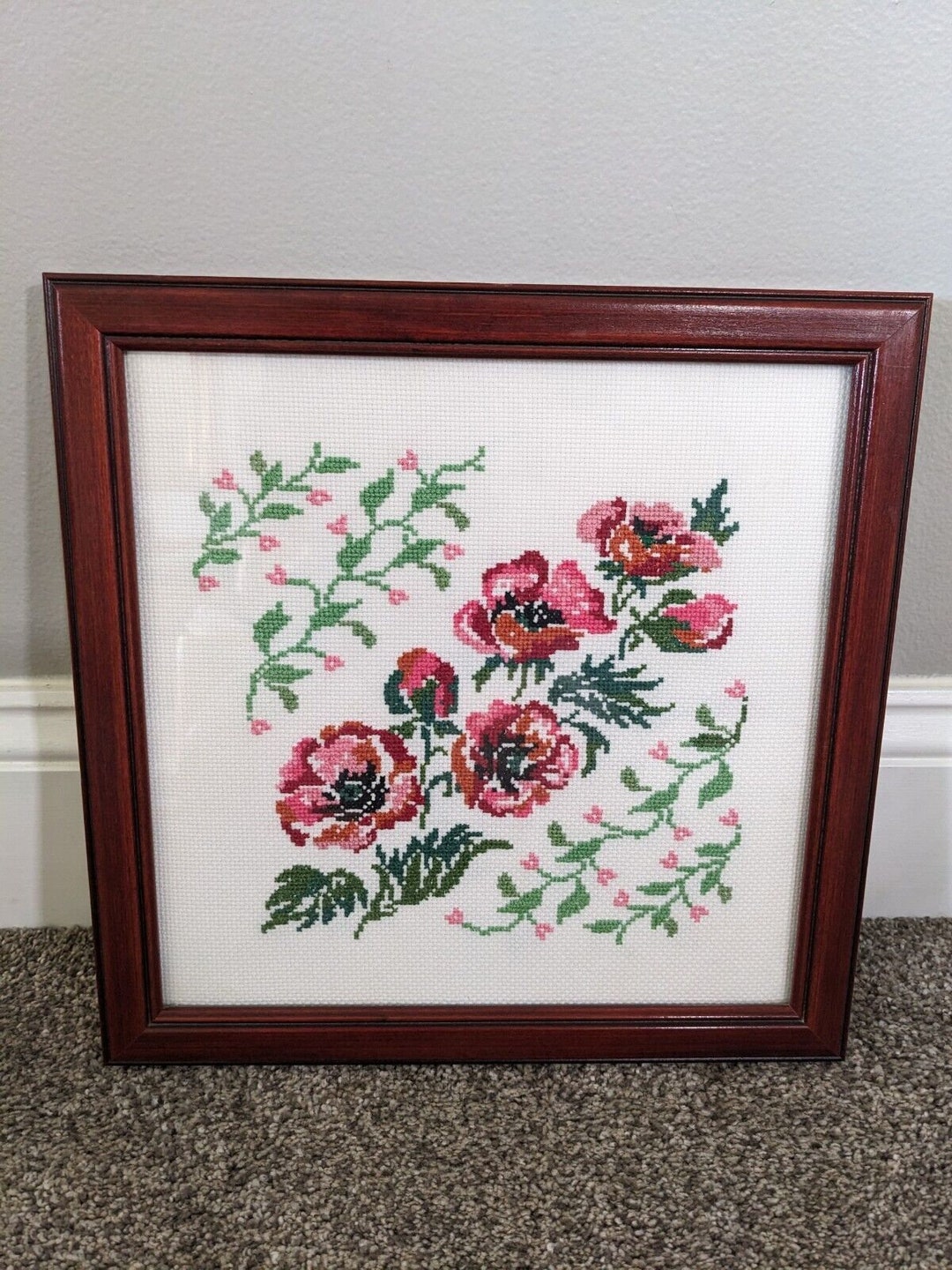 Vintage Floral Needlepoint Framed Wall Art Cottage Farmhouse Shades of ...