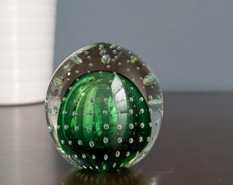 Vintage Emerald Green Controlled Bubble Paperweight - Mid Century Art Glass Orb - Bullicante Style Lead Crystal - Hand Blown Desk Decor