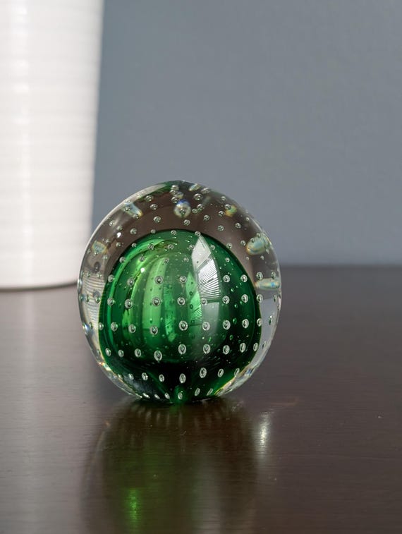 Vintage Emerald Green Controlled Bubble Paperweight - Mid Century Art Glass Orb - Bullicante Style Lead Crystal - Hand Blown Desk Decor