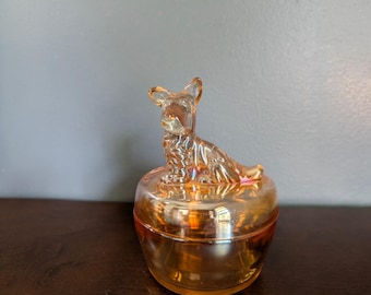 Vintage Jeannette Glass Marigold Carnival Glass Scottie Dog Powder Jar Trinket Box