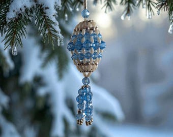 Vintage Beaded Christmas Chandelier Ornament - Blue & White Metallic Accents