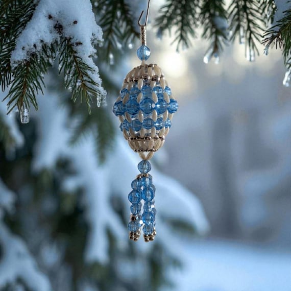 Vintage Beaded Christmas Chandelier Ornament - Blue & White Metallic Accents