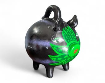 Vintage Mexican Folk Art Piggy Bank Hand Painted Black Green Ceramic