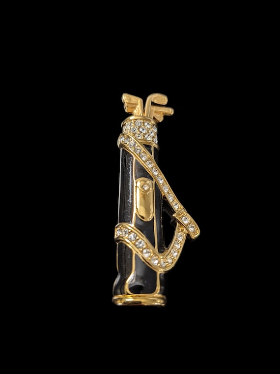 Vintage Swarovski Crystal Golf Bag Brooch - Signed Black Enamel Pin