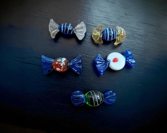 Blown Glass Candy Set, Miniature Art Glass Bonbons, Vintage Decor