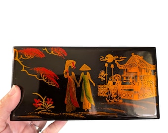 Vintage Vietnamese Black Lacquer Jewelry Box Inlaid Scene Red Velvet Mirror