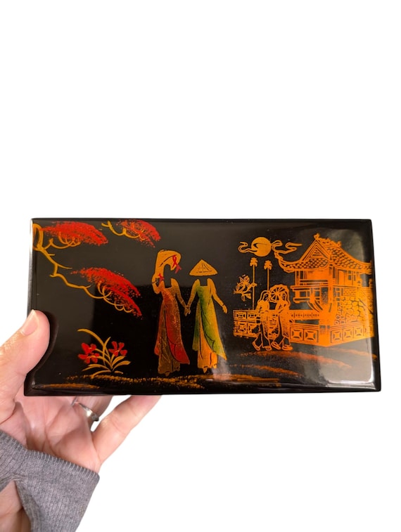 Vintage Vietnamese Black Lacquer Jewelry Box Inlaid Scene Red Velvet Mirror