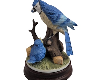 Vintage Blue Jay Figurine on Wood Base - Porcelain Mother and Baby Bird Statue - Realistic Avian Home Decor - Gift for Bird Watcher