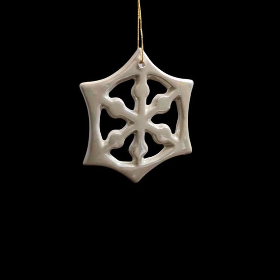 Vintage Pearlescent Snowflake Ornament | 3" Ceramic Iridescent Christmas Decor | Retro Mid-Century Modern Holiday Star