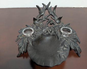 Antique Art Nouveau Double Inkwell: E.G. Zimmerman Cast Metal Ink Well