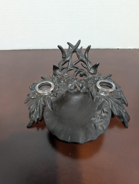 Antique Art Nouveau Double Inkwell: E.G. Zimmerman Cast Metal Ink Well