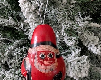 Hand Carved Santa Gourd Ornament | Peruvian Style Folk Art Christmas | Red & Black Rustic Holiday Decor | Artisan St. Nick
