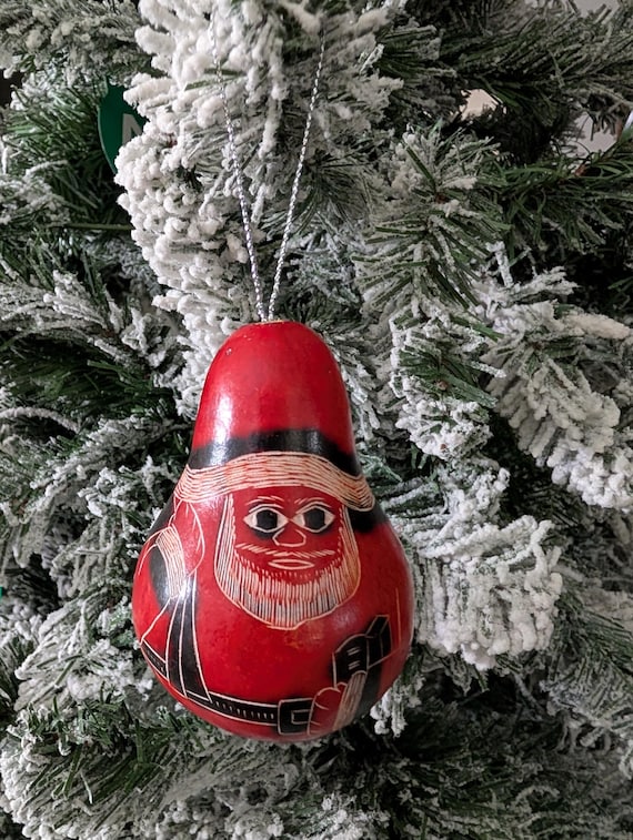 Hand Carved Santa Gourd Ornament | Peruvian Style Folk Art Christmas | Red & Black Rustic Holiday Decor | Artisan St. Nick