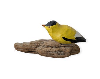 Norton Latourelle Hand-Carved Wooden Goldfinch on Driftwood – Hand-Painted Folk Art Bird Figurine – Primitive Nature Decor