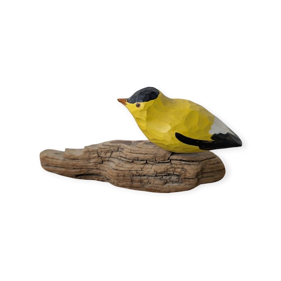 Norton Latourelle Hand-Carved Wooden Goldfinch on Driftwood – Hand-Painted Folk Art Bird Figurine – Primitive Nature Decor
