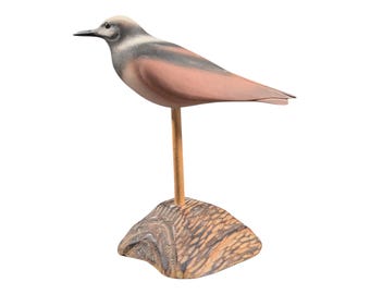 Vintage Hand Carved Wood Shorebird Decoy on Driftwood Base – Painted Folk Art Sandpiper / Red Knot Sculpture – Coastal Mantle Decor