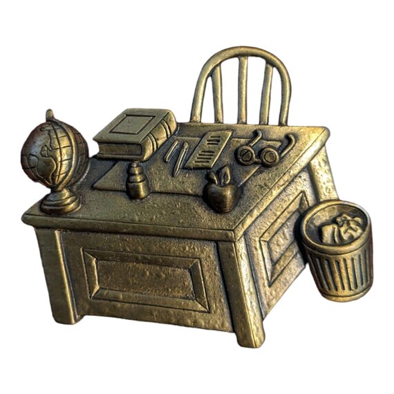 Vintage JJ Bronze Tone Teacher's Desk Brooch: Apple, Globe Pin