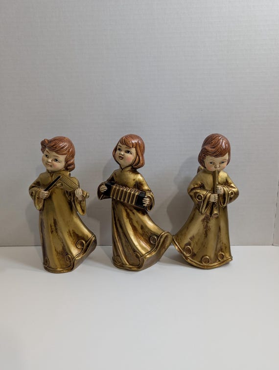 Vintage Paper Mache Angel Figurines, Gold Christmas Decor, Set of 3