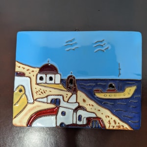 Handmade Greek Ceramic Tile Decorative Tile Wall Tile -Art Plaque Greek Seaside Town Scene Mediterranean Art