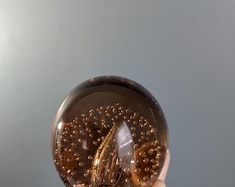 Vintage Smoky Mauve Brown Murano Style Bullicante Paperweight | Mid-Century Modern Controlled Bubble Art Glass Sphere | Desk Decoration