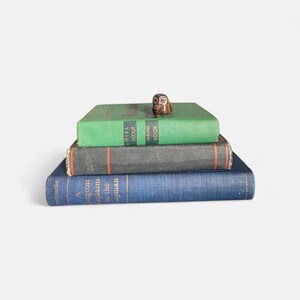 May include: A stack of three vintage books with a small owl figurine on top. The books are green, gray, and blue, with text visible on the spines. The owl is brown with detailed markings.