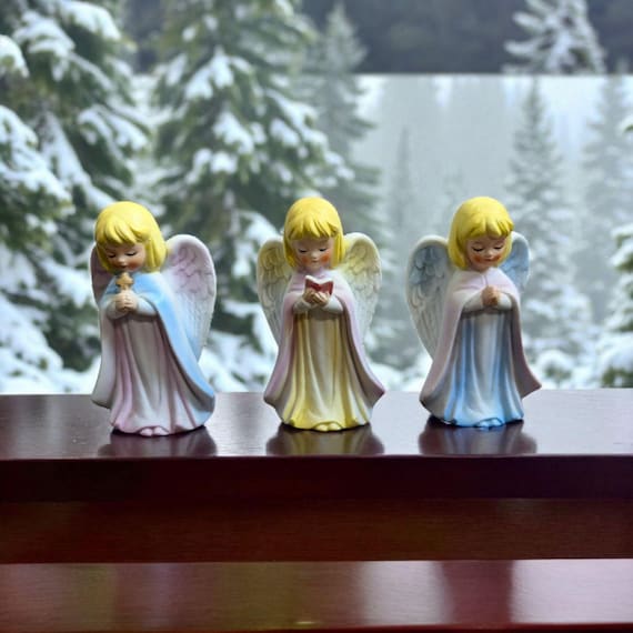 Vintage Hand-Painted Angel Figurines – Retro Christmas Decor, Set of 3