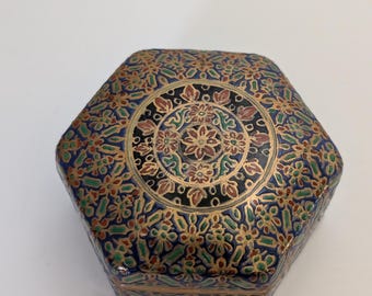 Vintage Hexagon Satsuma Trinket Box | Japanese Porcelain with Gold Moriage | Hand Painted Cobalt Blue & Red Jewelry Ring Box | Signed