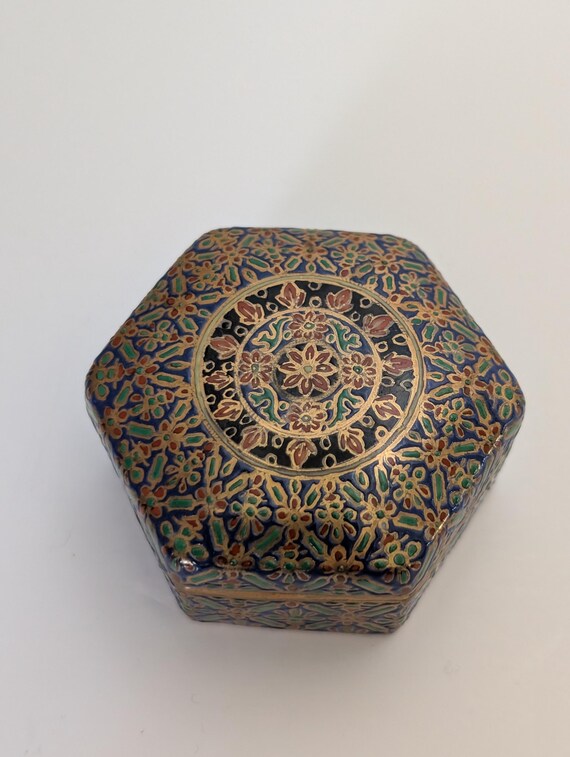 Vintage Hexagon Satsuma Trinket Box | Japanese Porcelain with Gold Moriage | Hand Painted Cobalt Blue & Red Jewelry Ring Box | Signed
