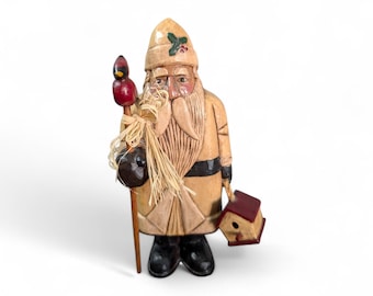 Hand Carved Wood Primitive Santa with Cardinal- Artist Signed Folk Art - Rustic Father Christmas Figure