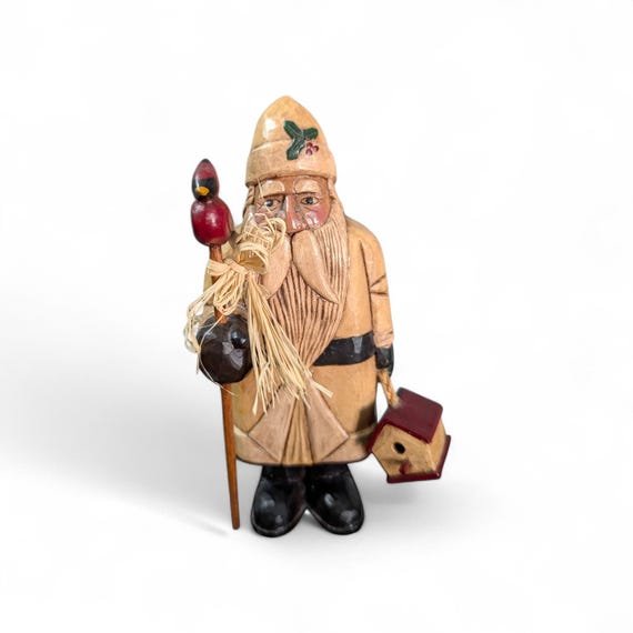 Hand Carved Wood Primitive Santa with Cardinal- Artist Signed Folk Art - Rustic Father Christmas Figure