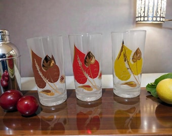 Set of 3 Vintage Federal Glass Highball Glasses - Mid Century Modern Gold Leaf Tumblers -  MCM Atomic Leaf Barware
