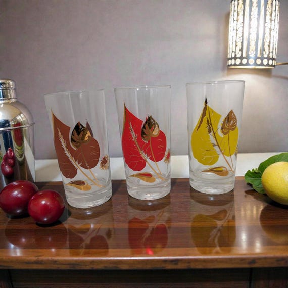 Set of 3 Vintage Federal Glass Highball Glasses - Mid Century Modern Gold Leaf Tumblers -  MCM Atomic Leaf Barware