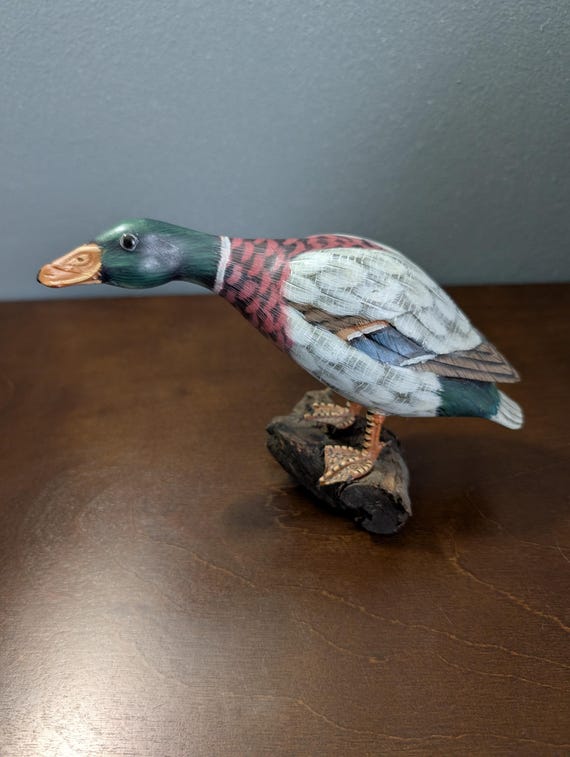 Vintage Hand Carved Wood Mallard Duck Decoy on Driftwood Base - Hand Painted Feeding Drake Sculpture - Rustic Cabin Lodge Decor
